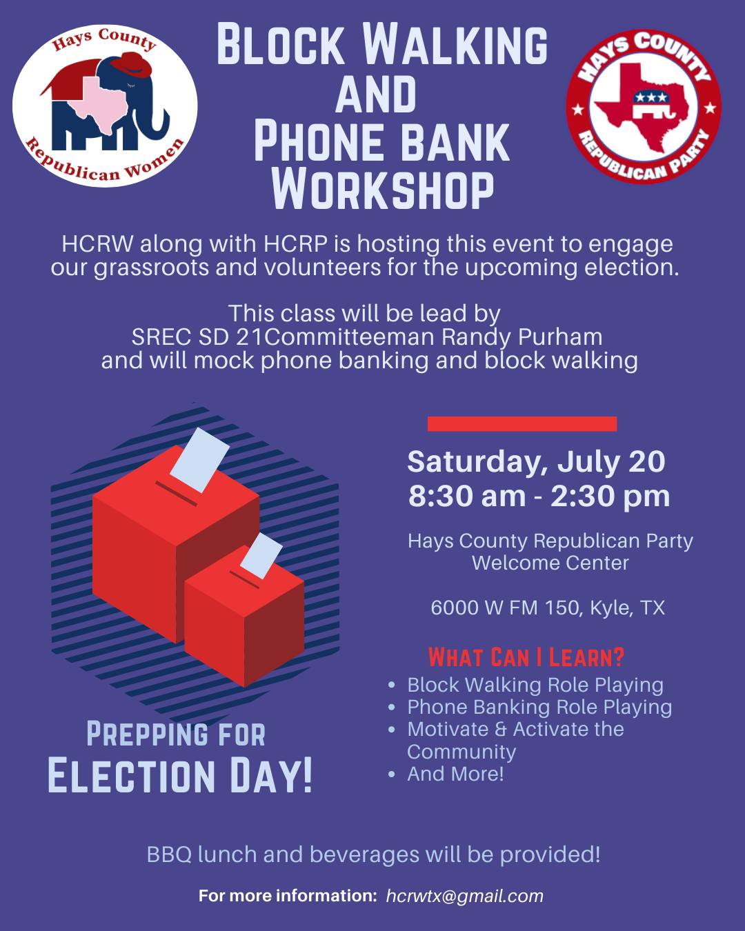 HCRP & HCRW: Block Walking and Phone Bank Workshop @ Hays County Republican Party Welcome Center
