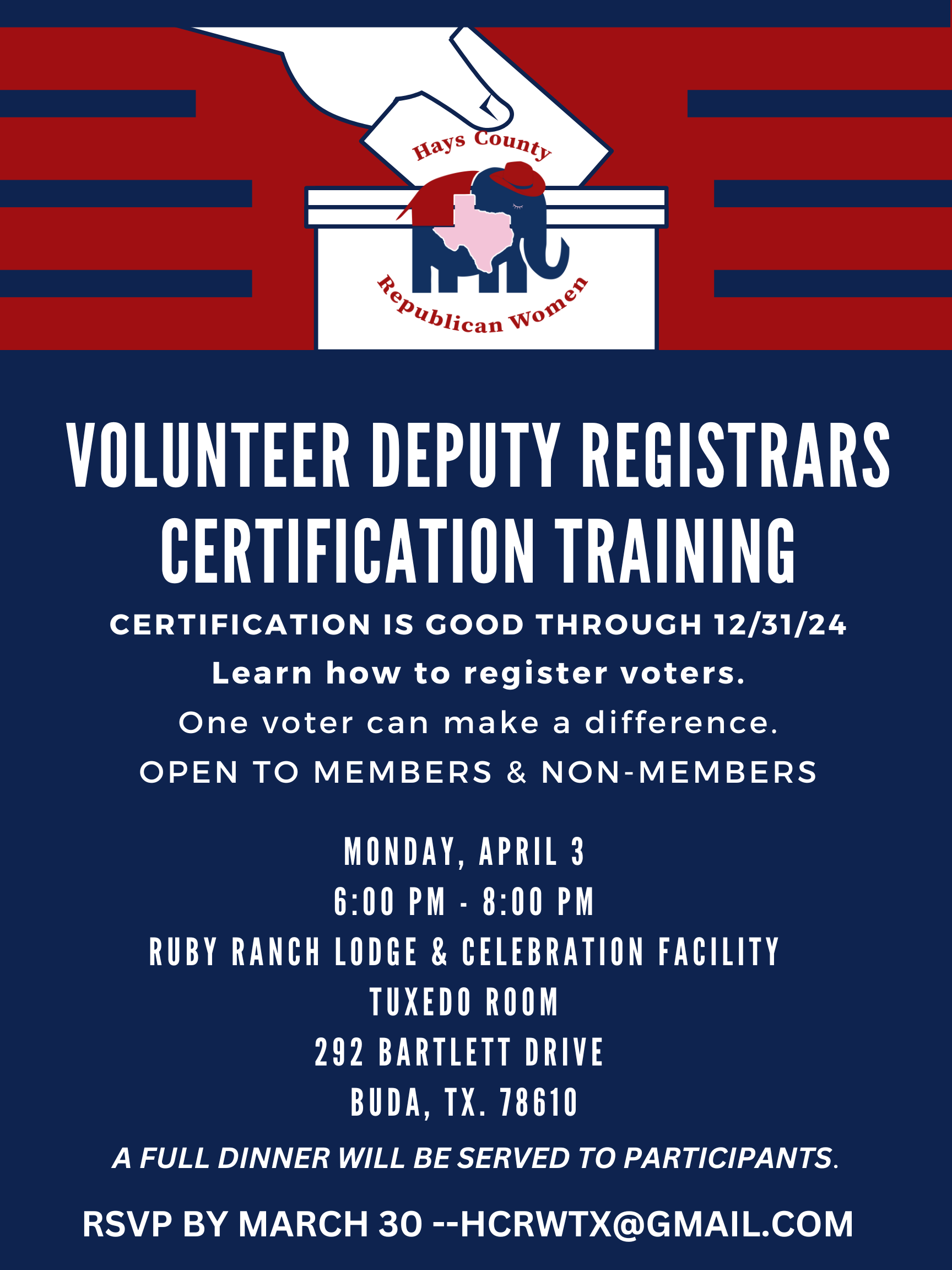 HCRW: Volunteer Deputy Registrars (VDR) Certification Training @ Ruby Ranch Lodge & Celebratiion Facility, Tuxedo Room